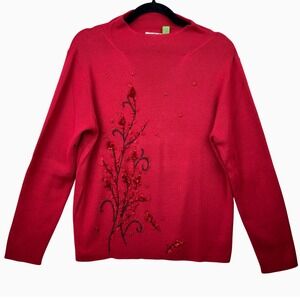 KIKIT Mock Neck Sweater Women Large‎ Vintage Red Floral Beaded Embroidered